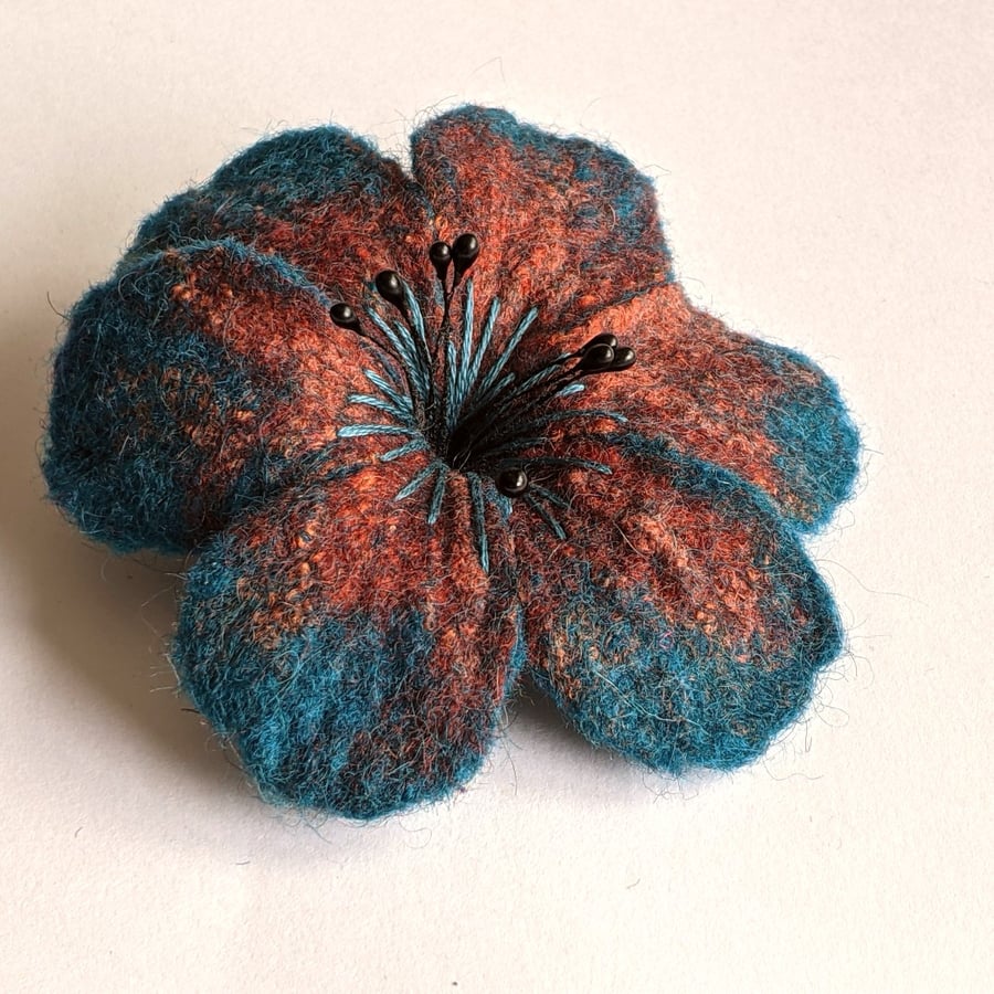 Large felted flower brooch - teal and copper