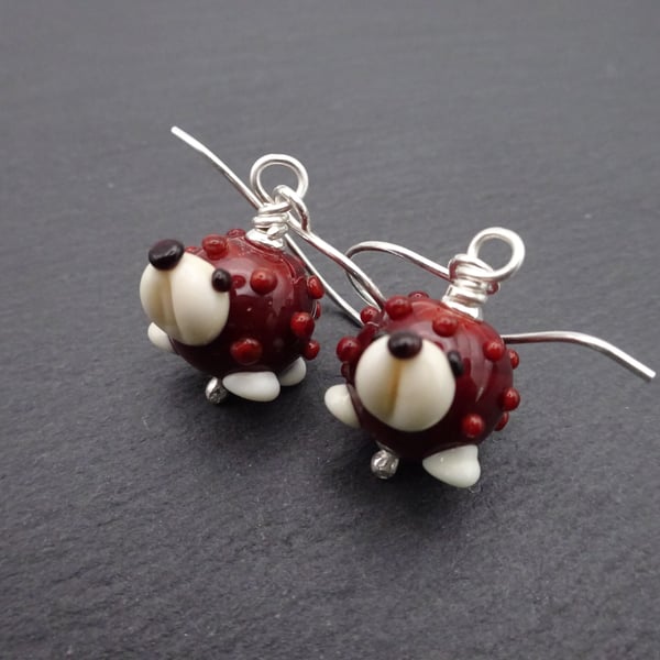 lampwork glass earrings, hedgehog jewellery