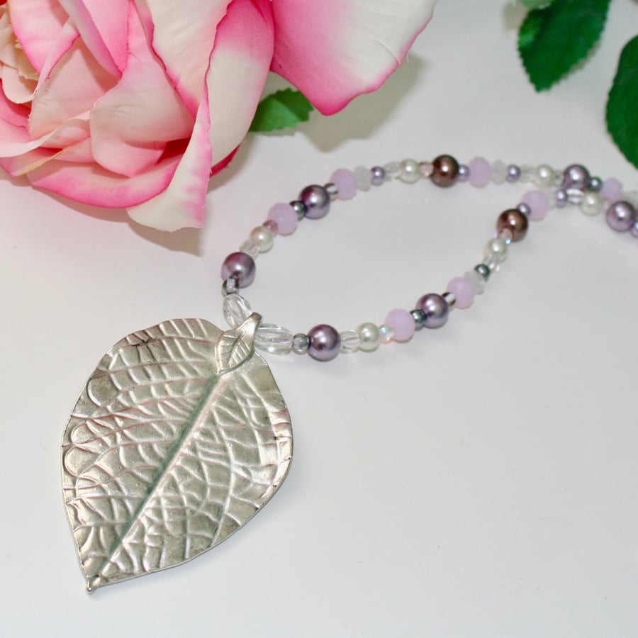 Silver leaf and lilac beaded necklace