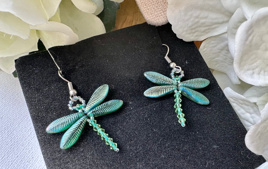 Dragonfly Earrings - Matt Light Green Etched