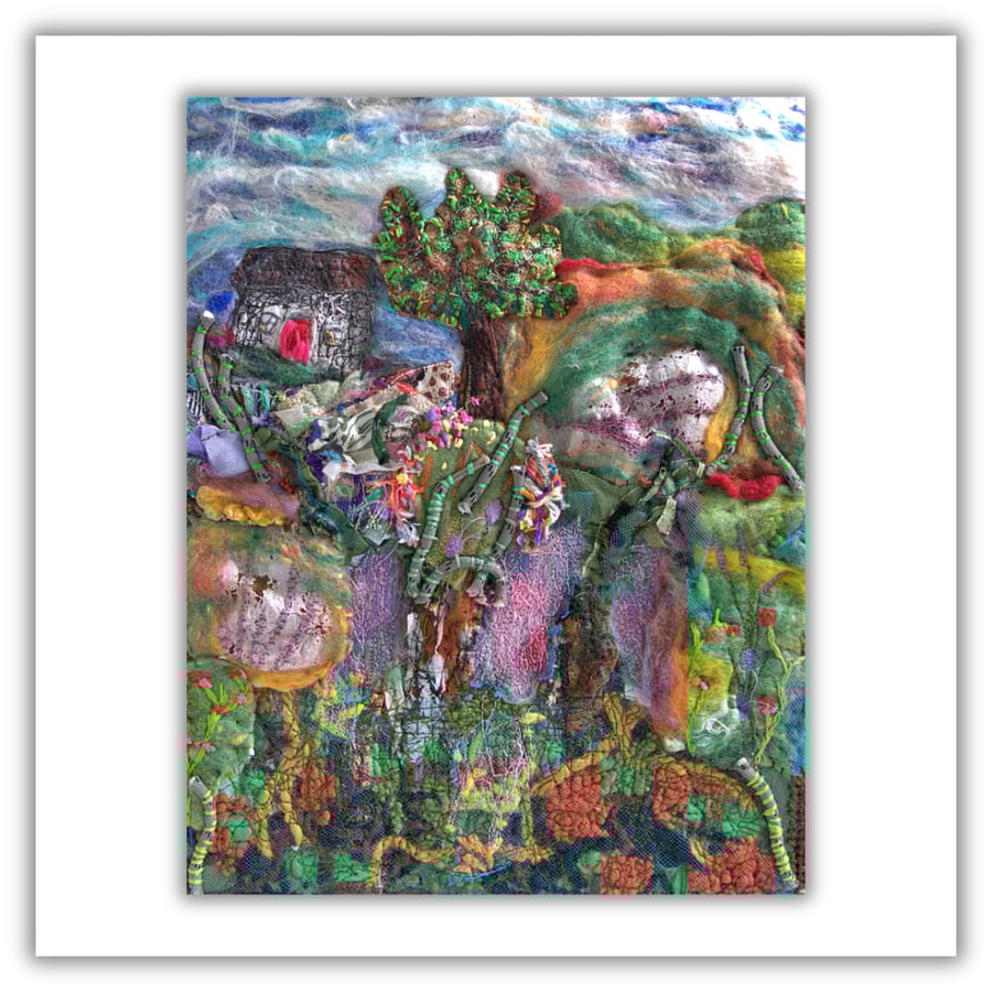 Scottish landscape - cottage - textile art - framed - needlework