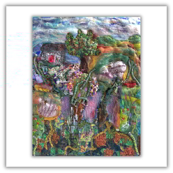 Scottish landscape - cottage - textile art - framed - needlework