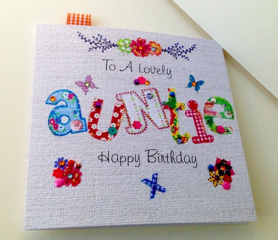 Birthday Card Auntie,Printed Applique Design,Handfinished Greeting Card
