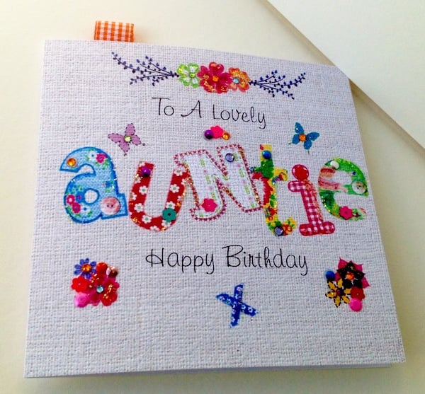 Birthday Card Auntie,Printed Applique Design,Handfinished Greeting Card