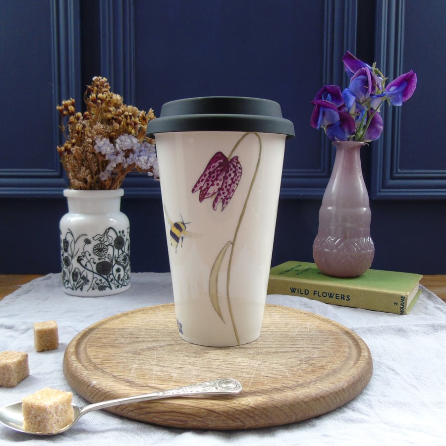 Bee and spring flower bone china travel mug