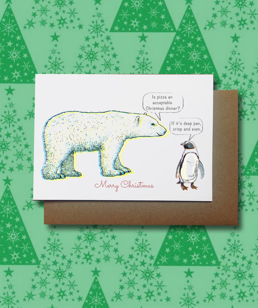 Penguin & Polar Bear Christmas Card, UK Handmade, Hand Printed, funny