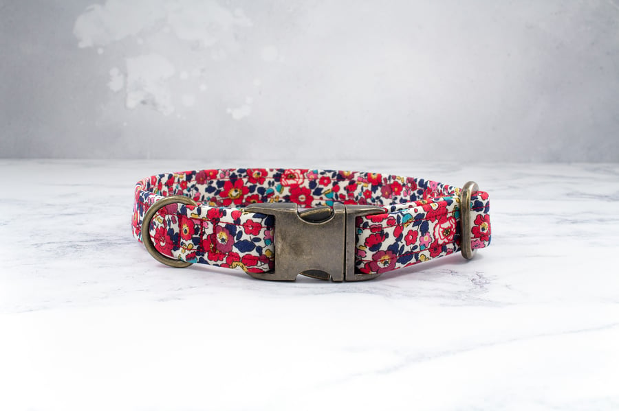 Dog Collar handmade using Liberty of London Tana Lawn- Betsy Anne, Red