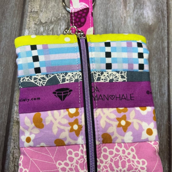 Pink Yellow Patchwork Quilted Mini Zip Pouch, Coin Purse, Keyring Purse, Emergen