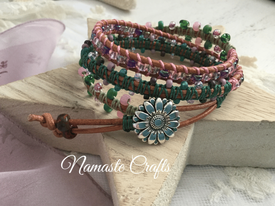 Beaded Boho Leather Wrap Bracelet, gift for teenager, summer accessories 