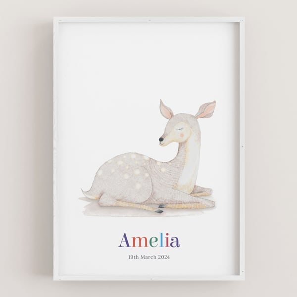 Personalised deer print: Nursery decor, Baby's 1st birthday gift