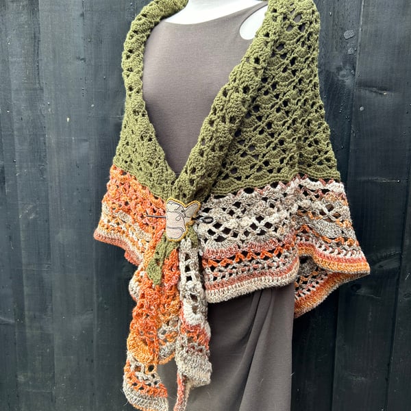 Generous Handmade Pumpkin Spice Vegan Yarn Triangle Lace  Shawl Wrap