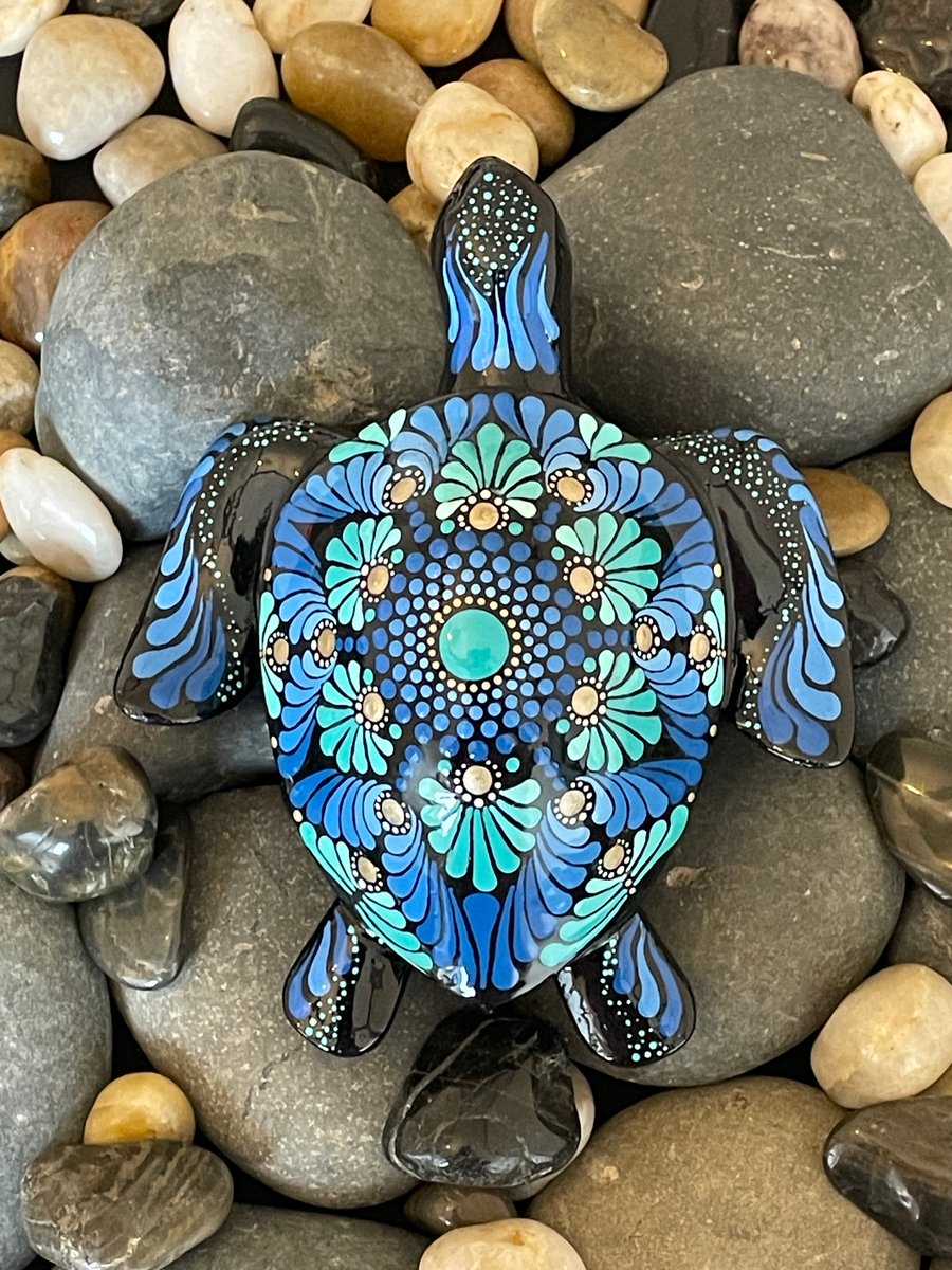 Blue Turtle Mandala Rock Art Stone Acrylic Art Painting Hand Painted Unique