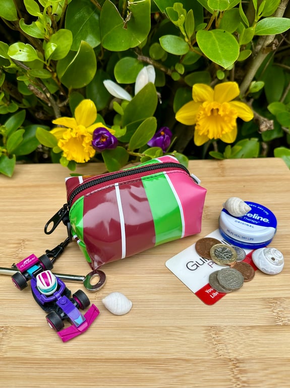 Stripes - Repurposed Chunky Keyring Pouch - Pink, Green and Burgundy Bauble