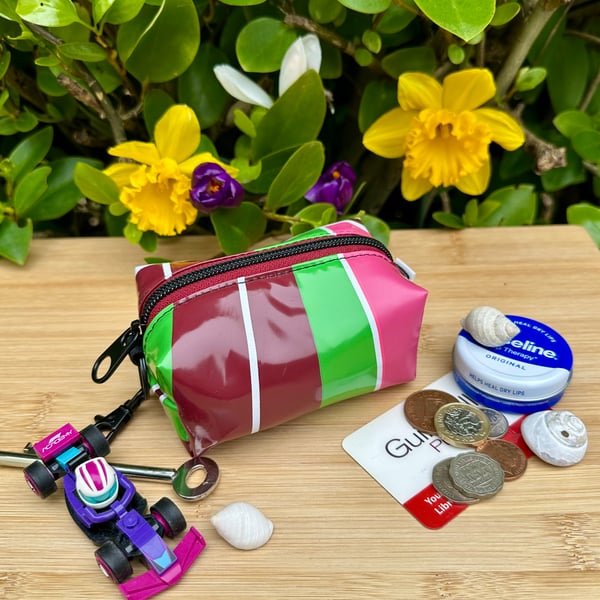 Stripes - Repurposed Chunky Keyring Pouch - Pink, Green and Burgundy Bauble