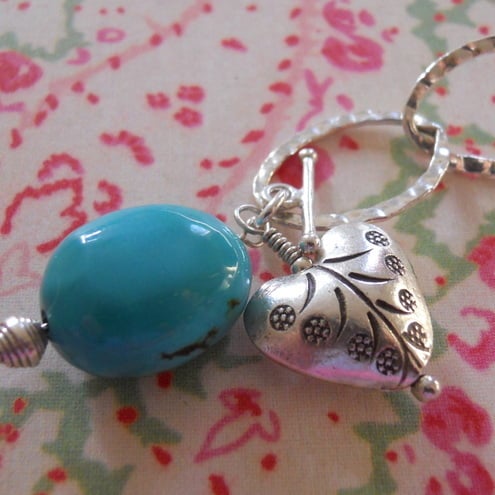  Hammered link bracelet with Turquise nugget and Tai silver stamped heart