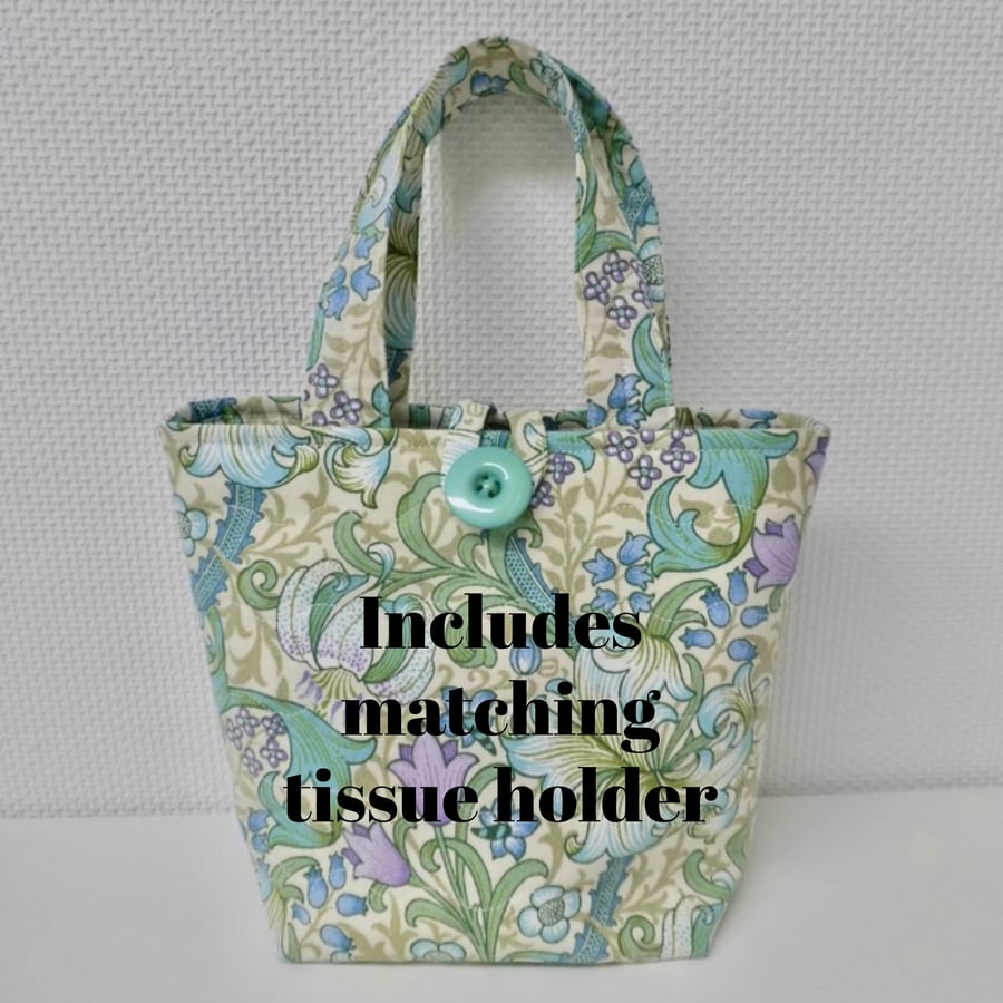 SOLD Fabric handbag hand bag plus free tissue tidy mauve and green