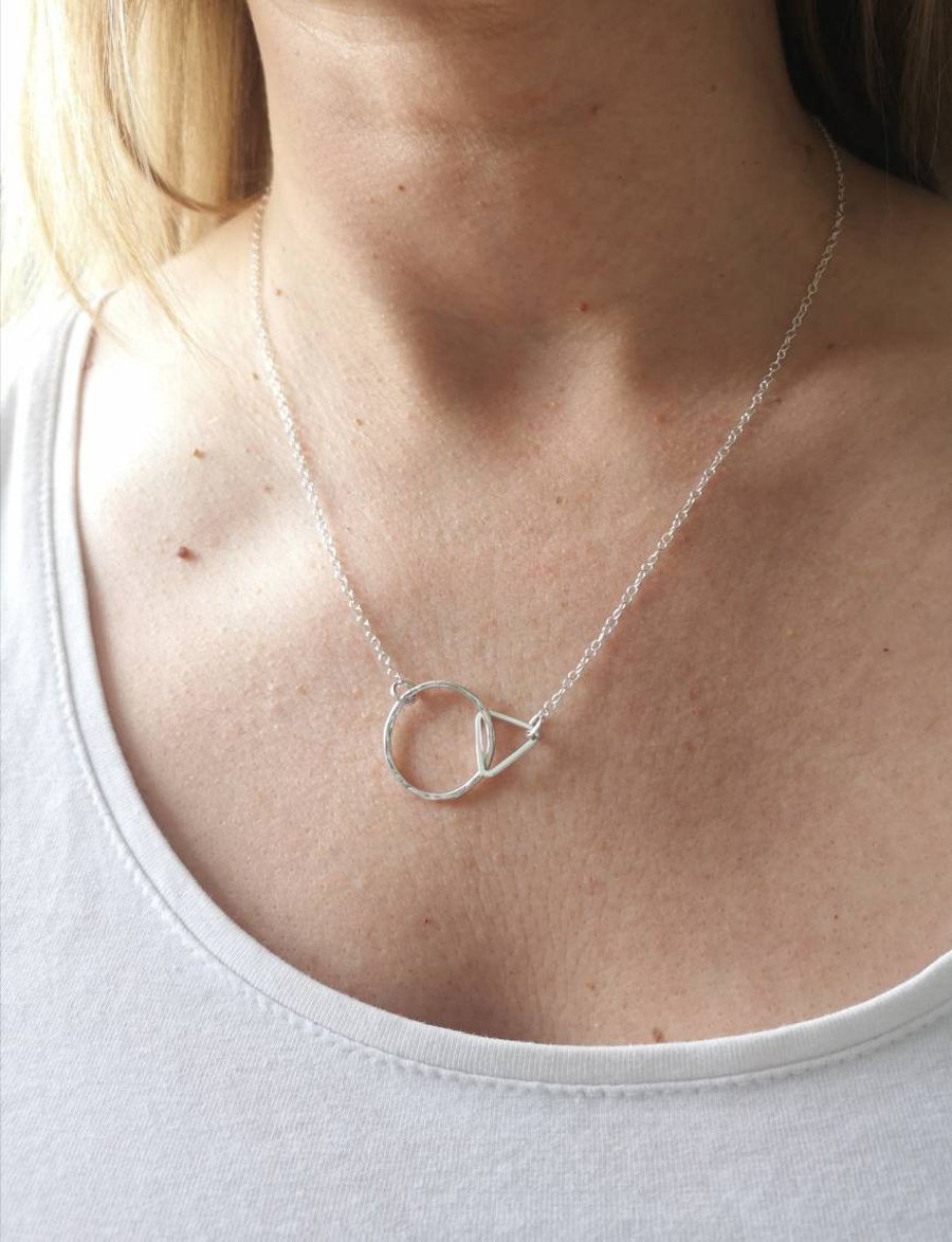 Sterling silver geometric necklace, circle and triangle necklace, 