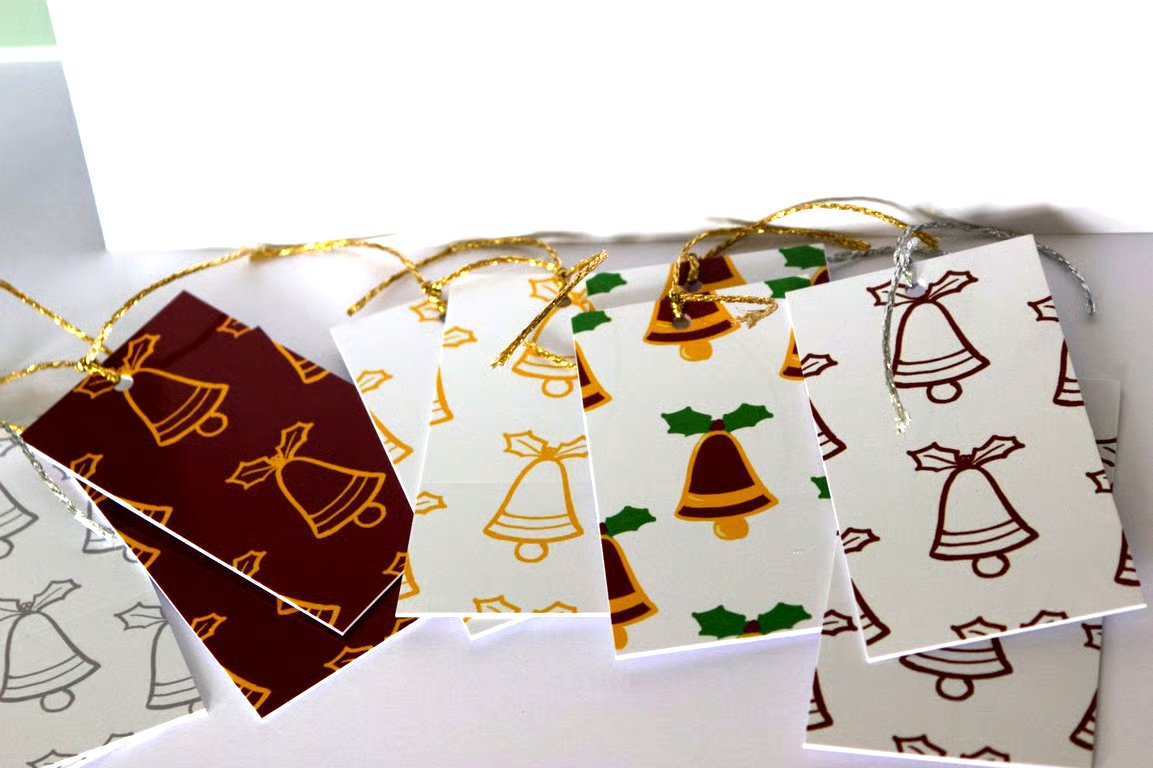 10 jingle bell handmade christmas gift tags, gift wrapping accessory, 