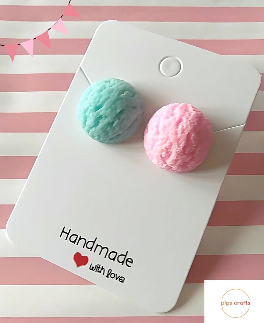 Large Scoops of Bubblegum & Marshmallow Ice Cream Stud Earrings Quirky Jewellery