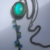 Aqua locket on long line brass chain with CZ beads cluster