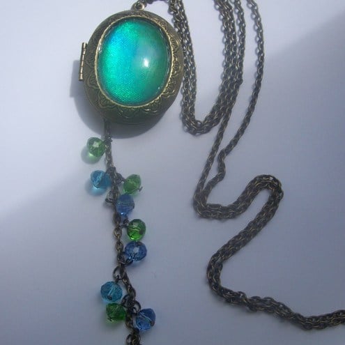 Aqua locket on long line brass chain with CZ beads cluster