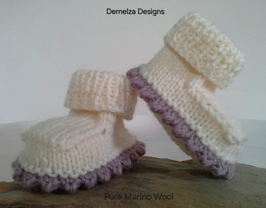 Luxery Baby Girl's  'Jeager'  Pure Merino Wool Hand Knitted Booties  0-3 months