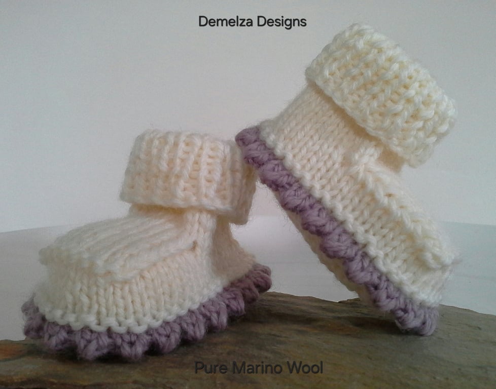 Luxery Baby Girl's  'Jeager'  Pure Merino Wool Hand Knitted Booties  0-3 months