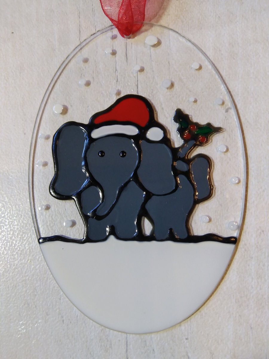 Christmas decoration Elephant and baby sun catcher . Hand painted decoration. 