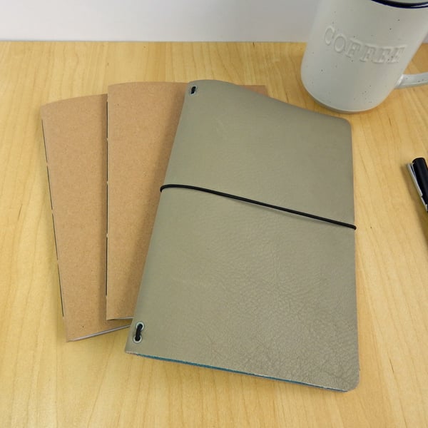 Grey Leather Notebook Cover Set with Aqua lining.Gifts for Dad.