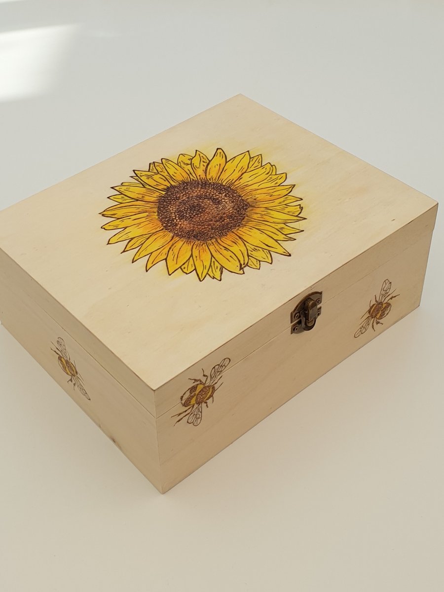 Rustic Wooden decorative keepsake box with sunflower and bees design