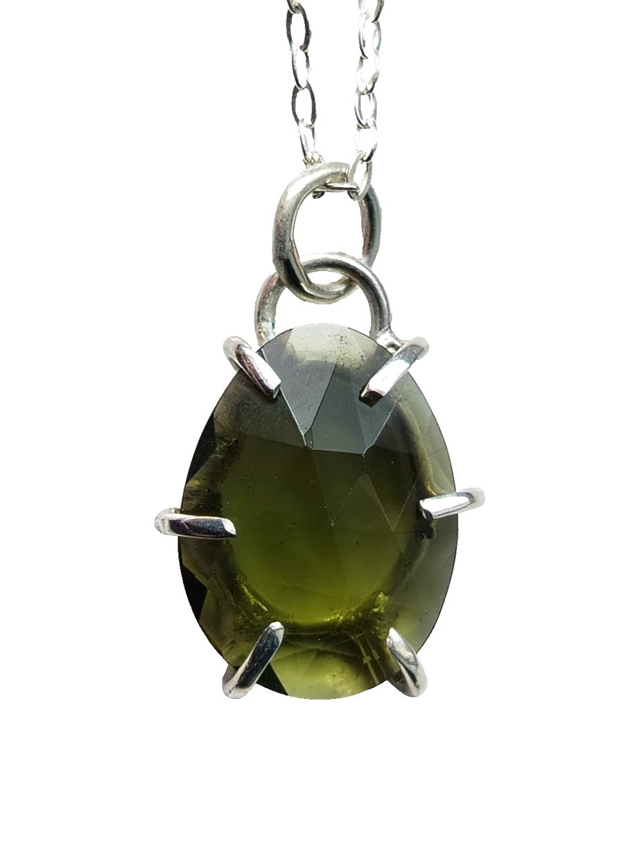 Moldavite Necklace Sterling Silver Rose Cut Tektite Pendant in Gift Box