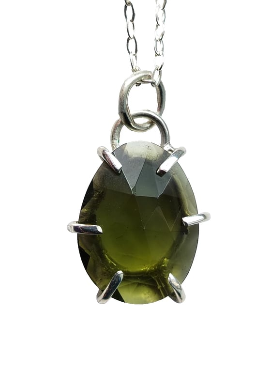 Moldavite Necklace Sterling Silver Rose Cut Tektite Pendant in Gift Box