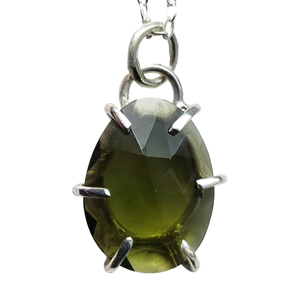 Moldavite Necklace Sterling Silver Rose Cut Tektite Pendant in Gift Box