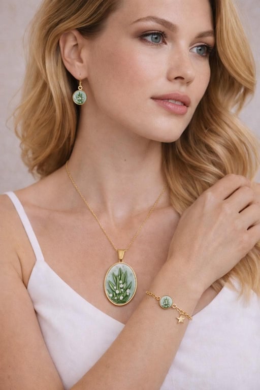 Sage Green Botanical Jewelry Set Handmade Polymer Clay Necklace, Earrings, Brace