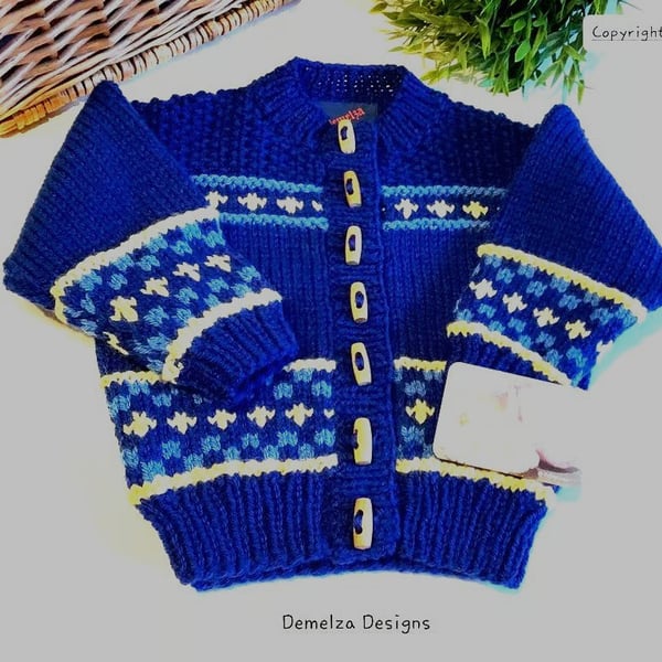 Toddler's Hand Knitted Fairisle Aran  Cardigan  with Merino Wool  1 -2 Years 