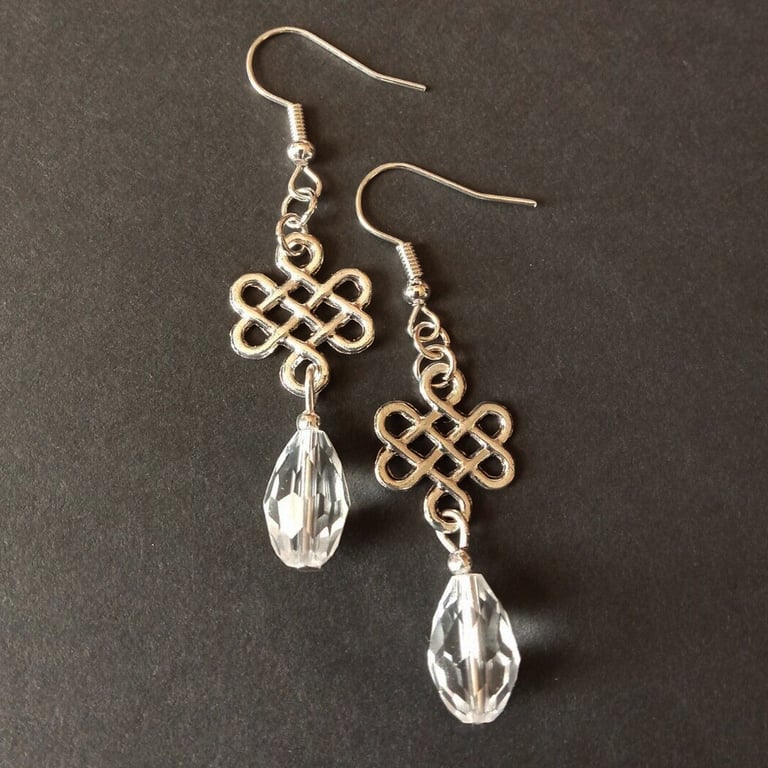 Celtic Knot Clear Crystal Teardrop Silver Plate Earrings