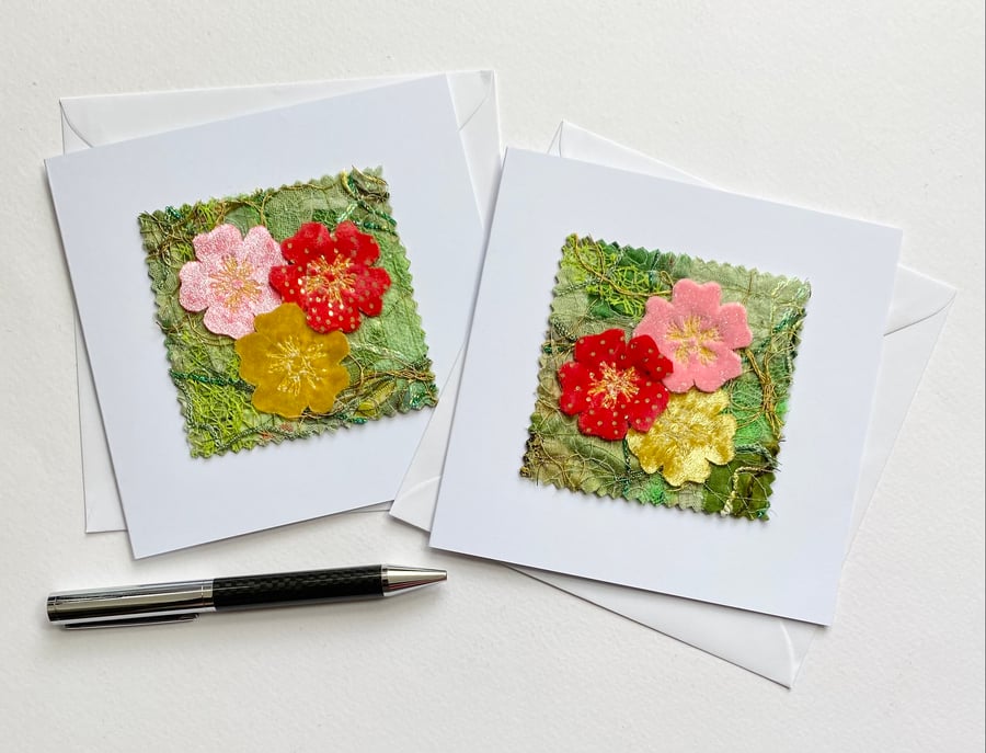 Up-cycled embroidered spring primrose garden card small artwork.