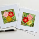 Up-cycled embroidered spring primrose garden card small artwork.