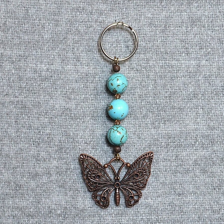 Keyring or Bag Charm – Butterfly and Turquoise Stone Beads with Crystal Accents