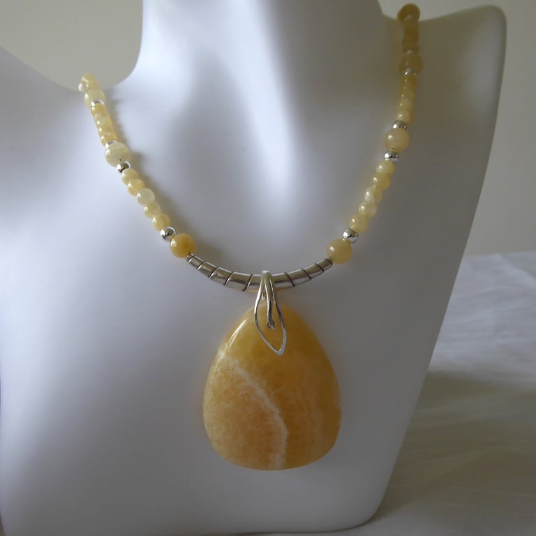 Yellow Calcite Beaded Necklace with Large Pendant and Sterling Silver 
