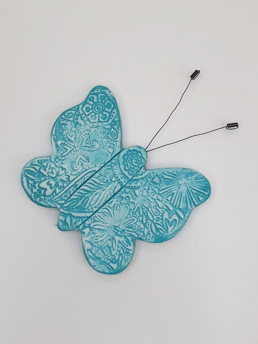 Clay butterfly fridge magnet, teal butterfly, kitchen gift