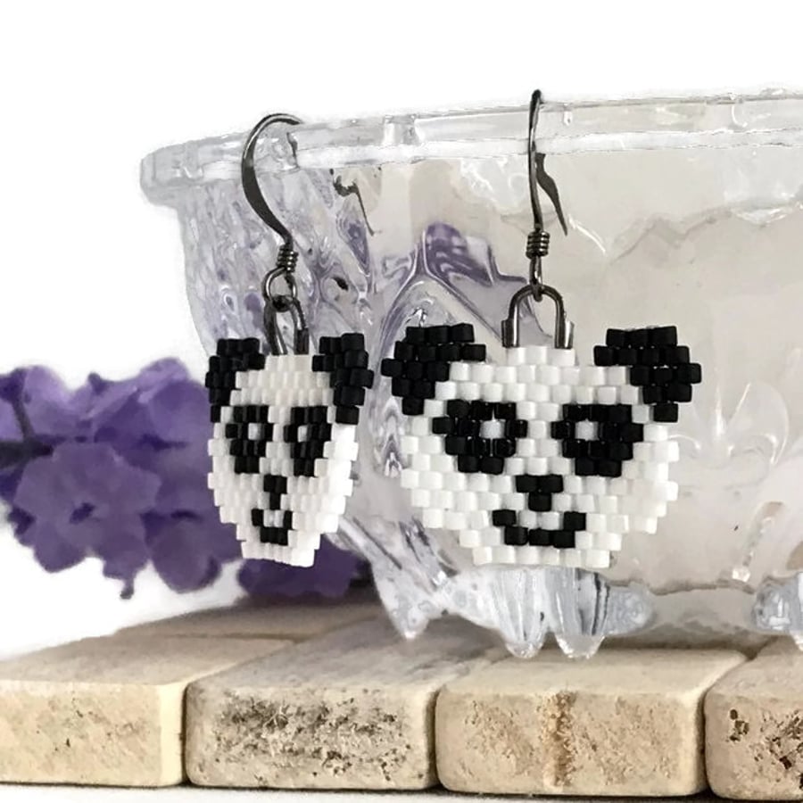 Gunmetal Plated Beaded Panda Earrings