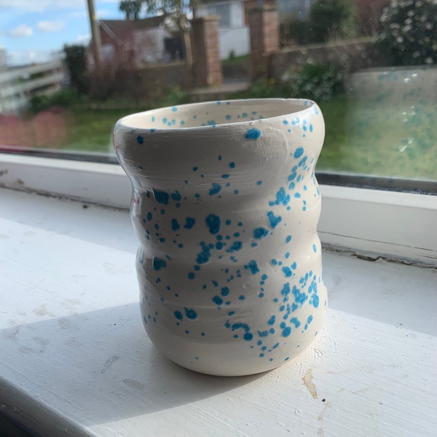Wheel-Thrown White and Blue Speckled Wobbly Sided Pot