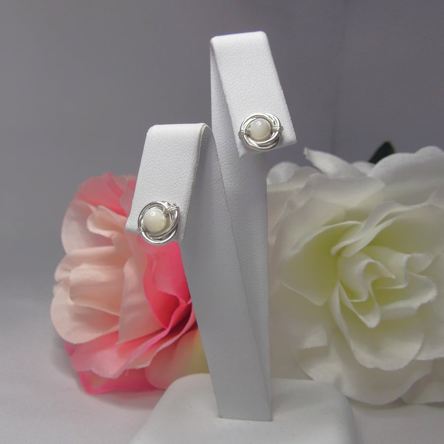Mother of Pearl gemstone russian wedding ring style recycled silver stud earring