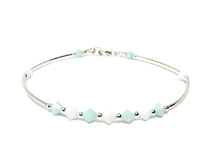 Mint Green & White Swarovski Crystals & Sterling Silver Bangle Bracelet