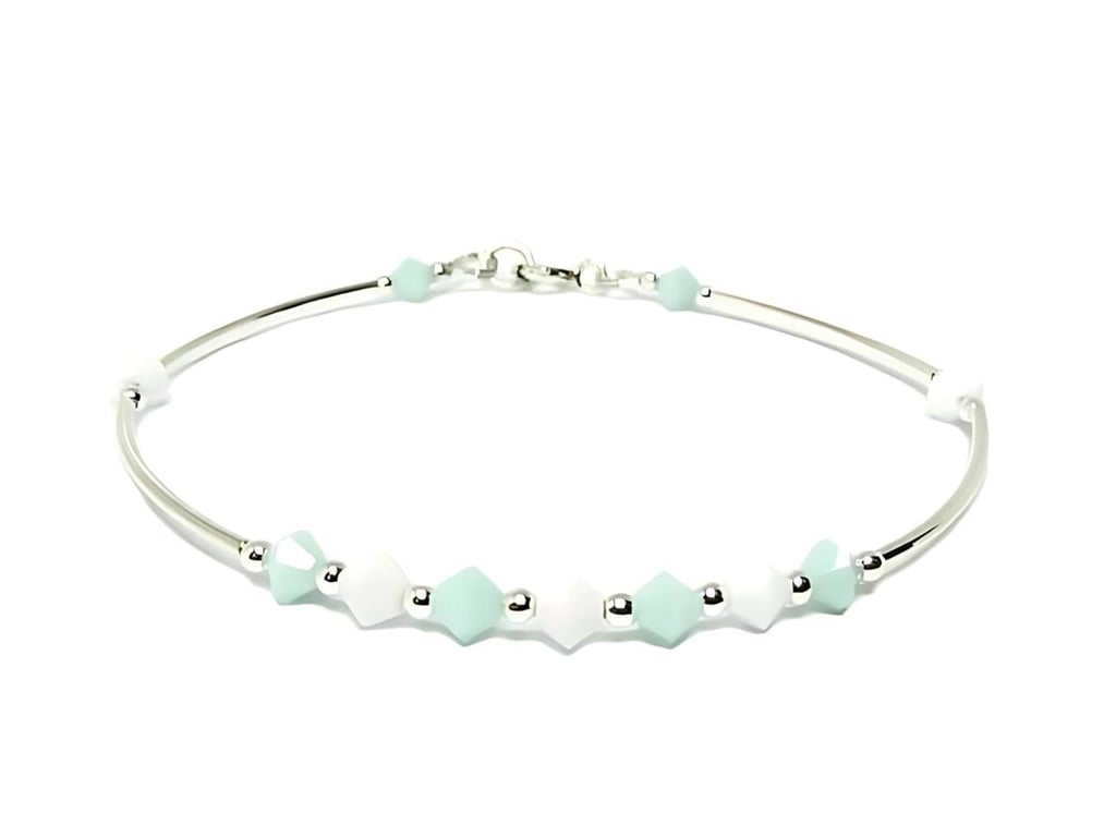 Mint Green & White Swarovski Crystals & Sterling Silver Bangle Bracelet
