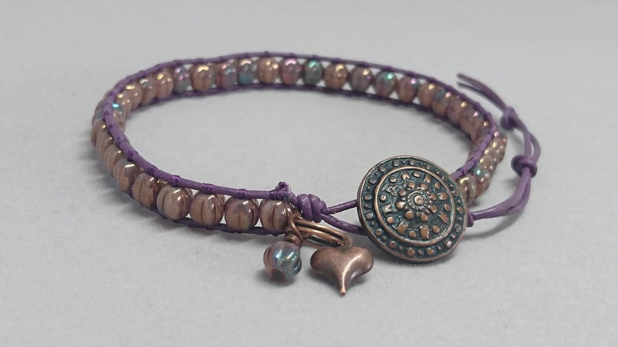 Purple leather beaded bracelet