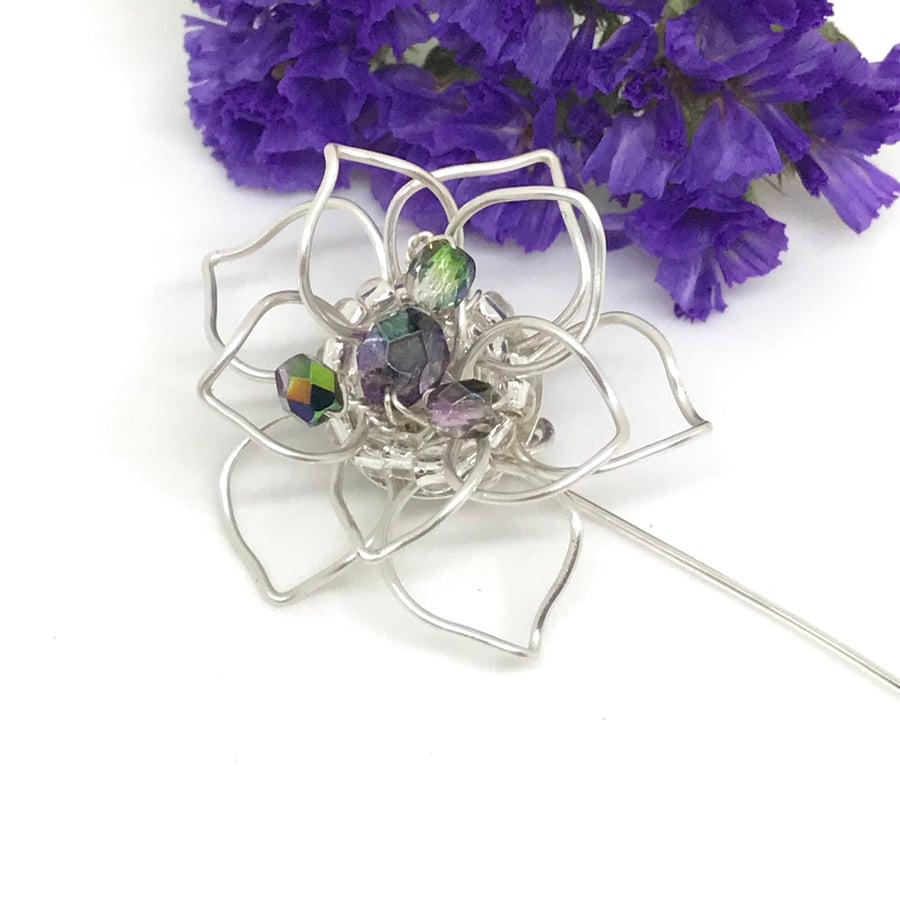 Silver Plated Flower Pin Brooch with Crystal Beads
