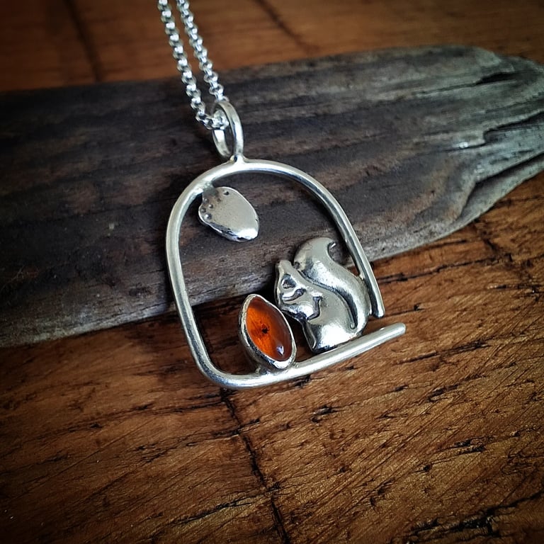 Handmade Squirrel Acorn Amber Silver Necklace
