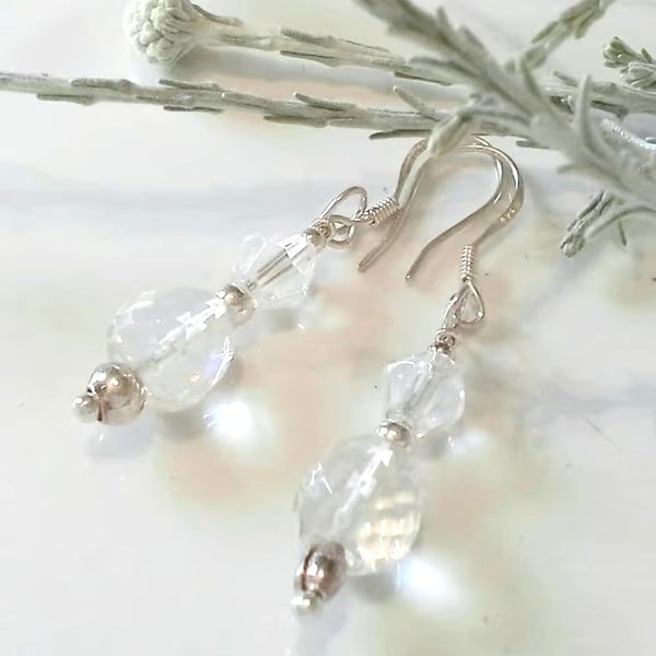 Genuine Faceted Diamond White Quartz Sterling Silver Earrings
